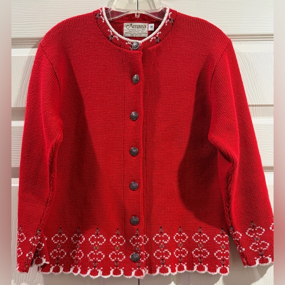 Vtg Amana Womens Red Cardigan Nordic Sweater Wool Mill Size M (36)